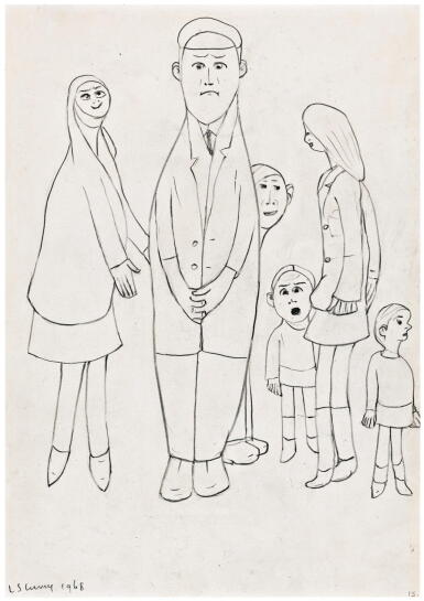 View full screen - View 1 of Lot 145. LAURENCE STEPHEN LOWRY, R.A. | GROUP OF FIGURES, CENTRAL MAN WITH CAP.
