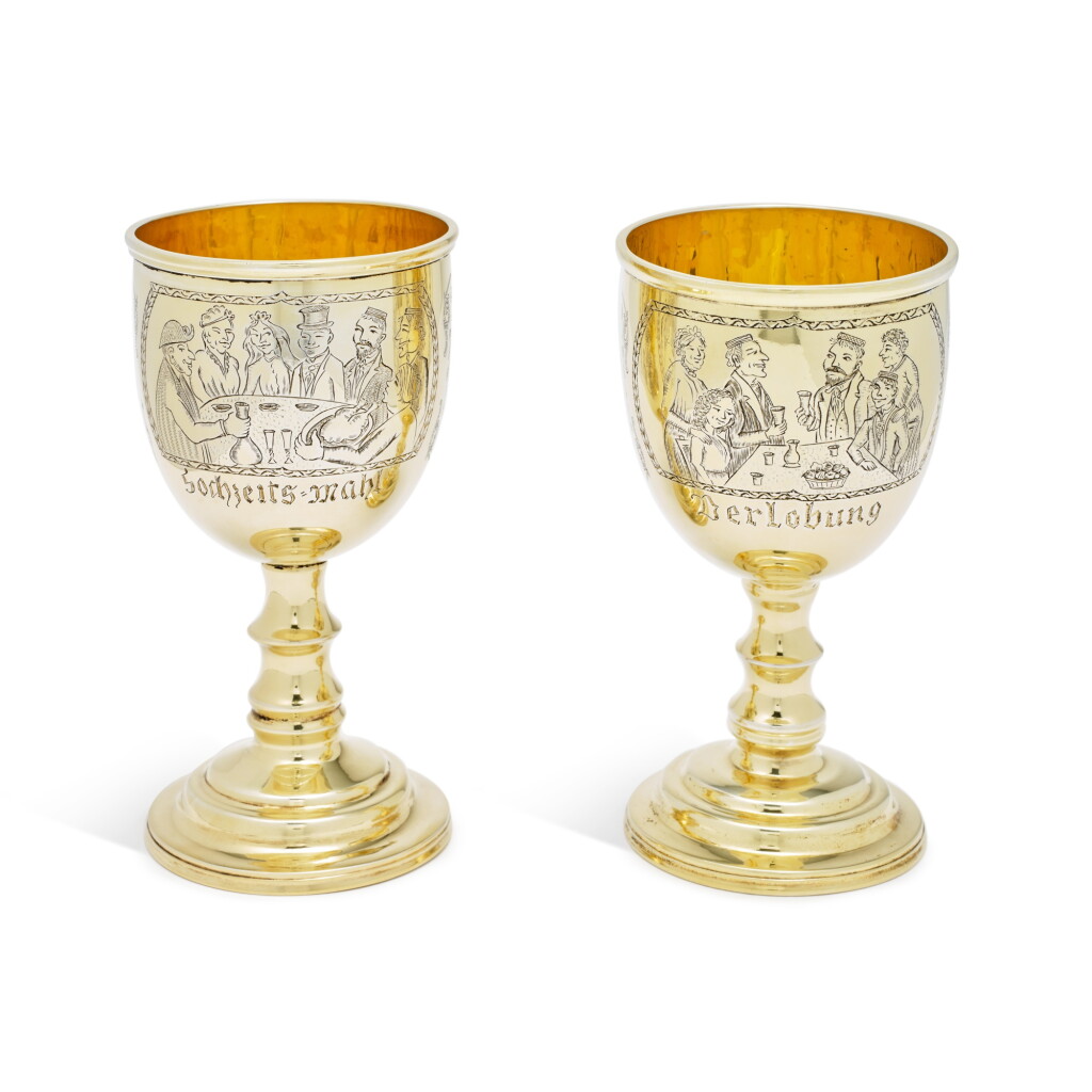 View full screen - View 1 of Lot 162. A Pair of German Silver-Gilt Engraved Kiddush Cups, circa 1950-60.