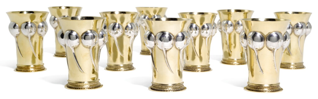 View full screen - View 1 of Lot 146. A SET OF TEN SWISS PARCEL-GILT RENAISSANCE STYLE BEAKERS, BOSSARD & SOHN, ZURICH, CIRCA 1900.