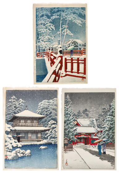 View full screen - View 1 of Lot 117. Kawase Hasui (1883-1957) | Three woodblock prints depicting snow scenes | Showa period, 20th century .