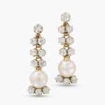 Pair of Natural Pearl and Diamond Pendent Earclips
