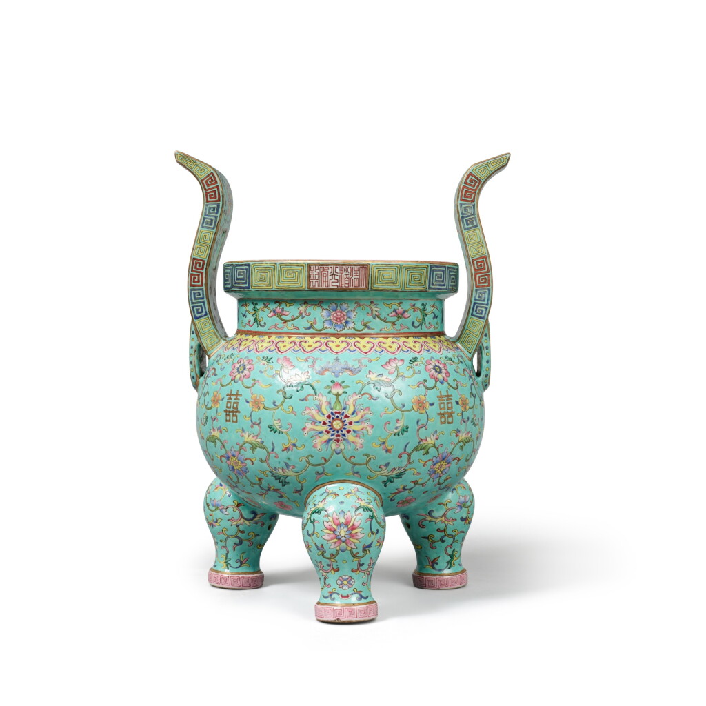 View full screen - View 1 of Lot 160. A large turquoise-ground famille-rose 'Shuangxi' tripod censer, Seal mark and period of Daoguang.
