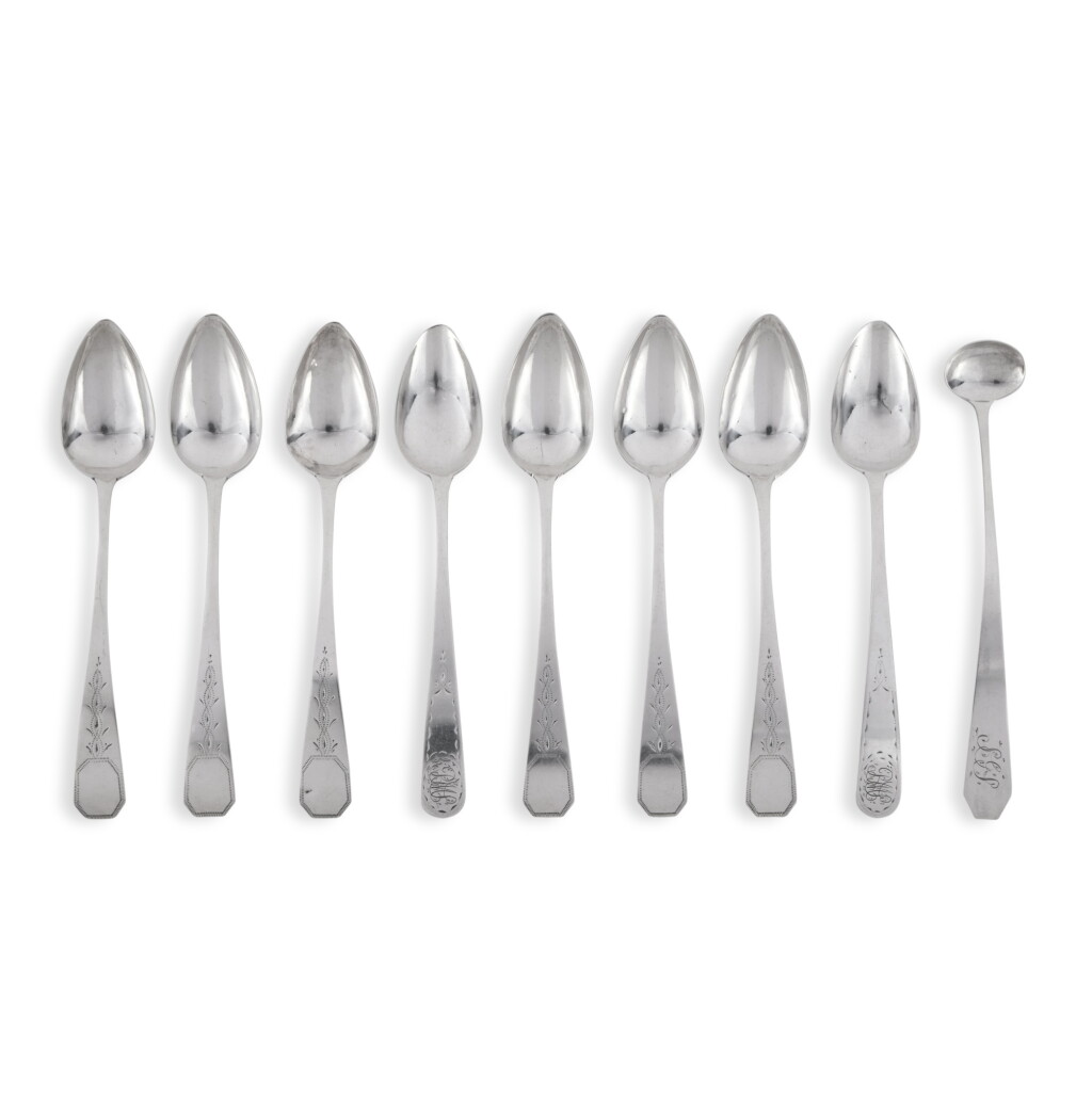 View full screen - View 1 of Lot 1036. Eight American Silver Teaspoons and a Condiment Spoon, John A. Shaw, Newport, Rhode Island, Circa 1805-15.