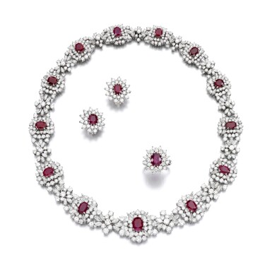 View full screen - View 1 of Lot 909. Ruby and diamond necklace and a ruby and diamond demi-parure.