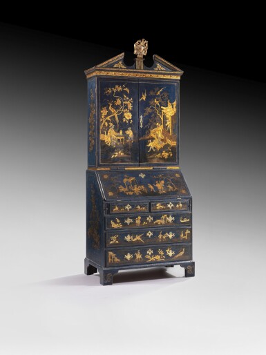 View full screen - View 1 of Lot 10. A George II blue and gold japanned lacquer bureau cabinet, attributed to Giles Grendey | Bureau cabinet en vernis or et fond bleu imitant la laque de Chine d'époque George II, attribué à Giles Grendey.