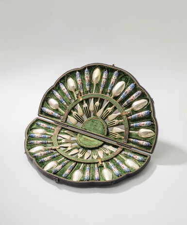 View full screen - View 1 of Lot 275. A German silver-gilt mounted porcelain travelling dessert service By Johan Georg Wolhaupter and Johan Busch, Augsburg, 1737-1739, the porcelain Meissen.