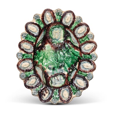 View full screen - View 1 of Lot 183. A Palissy-type moulded royal armorial dish "aux armes de France", circa 1600-1650, probably Le Pre D'Auge.