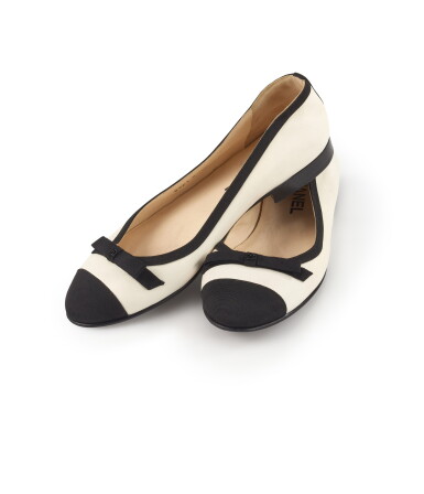 View full screen - View 1 of Lot 3. CHANEL | PAIR OF OFF- WHITE LEATHER AND BLACK GROSGRAIN FLATS .
