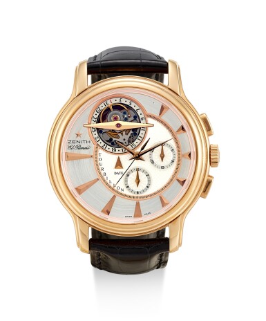 View full screen - View 1 of Lot 8256. ZENITH | EL PRIMERO, REFERENCE 18.1260.4005/01, A LIMITED EDITION PINK GOLD TOURBILLON CHRONOGRAPH WRISTWATCH WITH DATE, CIRCA 2010.