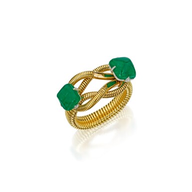 View full screen - View 1 of Lot 594. GOLD, EMERALD AND DIAMOND BRACELET, CARTIER | 黃金鑲祖母綠配鑽石手鏈,卡地亞.