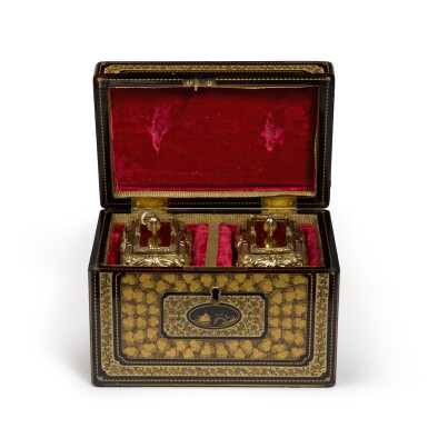 View full screen - View 1 of Lot 86. A Pair of George III Silver-Gilt Tea Caddies in Fitted Chinese Export Lacquered Box, Michael Starkey, London, 1810.