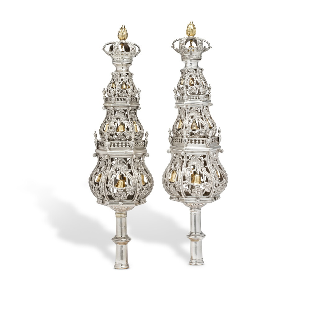 View full screen - View 1 of Lot 120. A Pair of Dutch Silver Large Torah Finials, the staves marked HK in oval for Hendrik Kramer, Amsterdam, 1756, two top sections of each marked by I.H. possibly for Jan Hoep, Hoorn, 1807 probably as restorer.