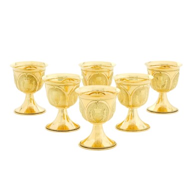 View full screen - View 1 of Lot 66. A set of six Scottish 18ct gold goblets, Richard Jarvis, Edinburgh 2000, Edinburgh, 2000.