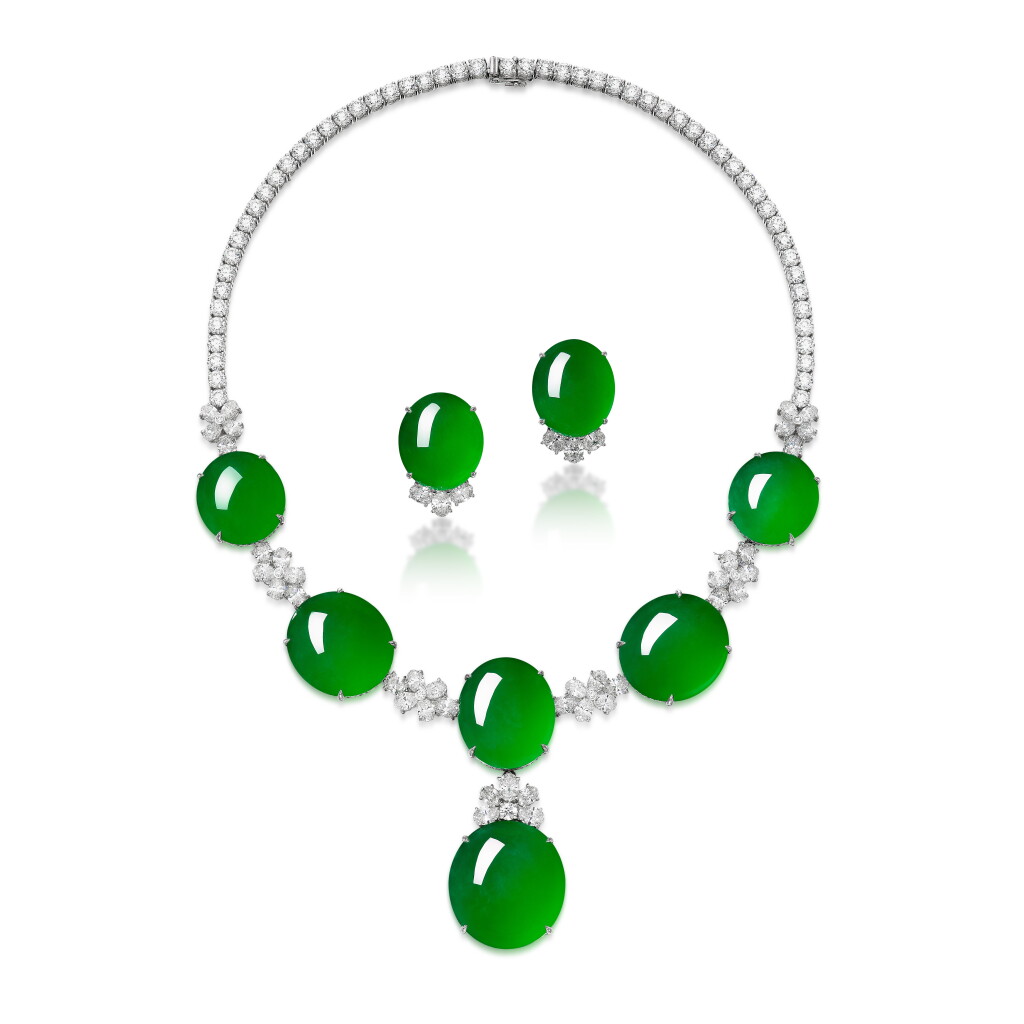 View full screen - View 1 of Lot 8002. An Impressive 'Imperial Green' Jadeite and Diamond Demi-Parure.