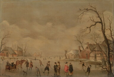 View full screen - View 1 of Lot 449. Winter landscape on a frozen canal with kolfers, skaters and a horse-drawn sleigh.
