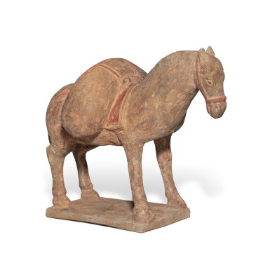 View full screen - View 1 of Lot 749. A painted gray pottery figure of a pack horse, Northern Wei dynasty | 北魏 灰陶加彩馬.