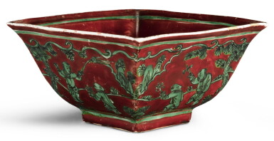 View full screen - View 1 of Lot 144. A RED AND GREEN-ENAMELLED 'BOYS' BOWL JIAJING MARK AND PERIOD | 明嘉靖 紅地綠彩嬰戲圖方盌 《大明嘉靖年製》款.