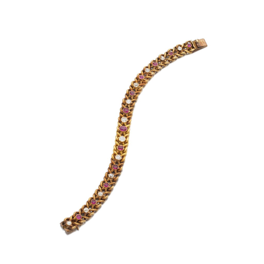 View full screen - View 1 of Lot 1067. Gold, ruby and diamond bracelet, circa 1910.