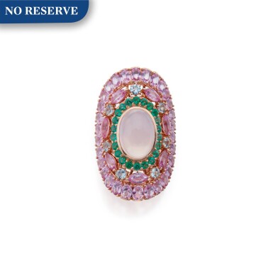 View full screen - View 1 of Lot 258. Michele della Valle | Rose Quartz, Emerald, Pink Sapphire and Aquamarine Ring.