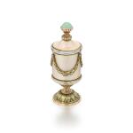 A Fabergé gem-set two-colour gold and guilloché enamel pill box, workmaster Henrik Wigström, St Petersburg, 1904-1908