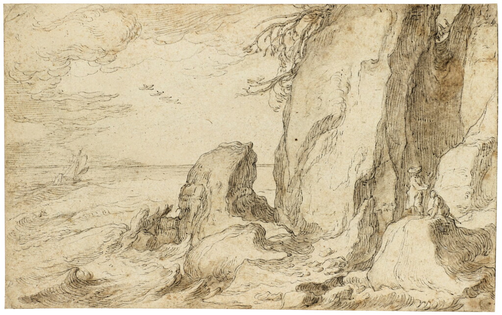 View full screen - View 1 of Lot 34. A rugged coastal landscape with two figures .