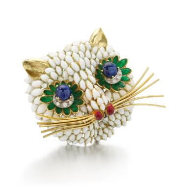 View full screen - View 1 of Lot 140. Lunati, Enamel, sapphire and diamond brooch (Spilla in smalti policromi, zaffiri e diamanti, Lunati).