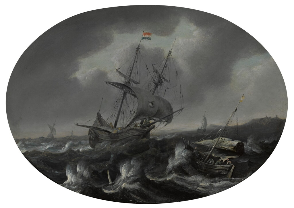 View full screen - View 1 of Lot 63. FOLLOWER OF BONAVENTURA PEETERS THE ELDER | A merchantman and other sailing vessels in a storm near a coast.