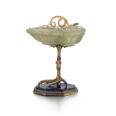View full screen - View 1 of Lot 206. A carved jade bowl with jewelled and enamelled silver-gilt mounts, 19th century.
