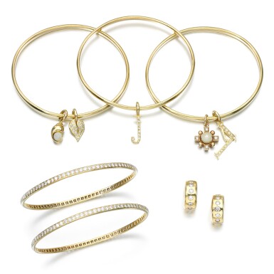 View full screen - View 1 of Lot 131. Gavello | Pair of diamond ear clips; Cassandra Goad | Five diamond bangles.