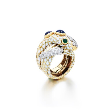View full screen - View 1 of Lot 268. Enamel, sapphire, emerald and diamond ring | Bague émail, saphir, émeraude et diamant.