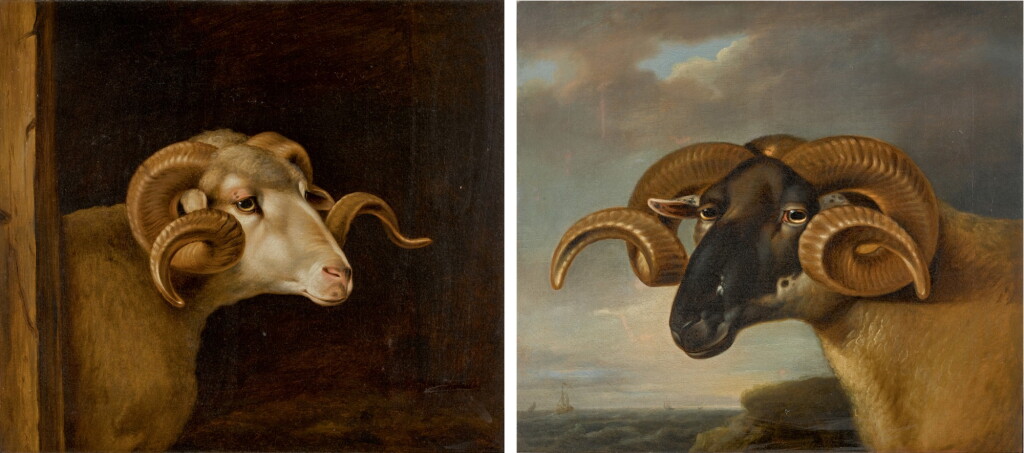 View full screen - View 1 of Lot 108. THOMAS WEAVER | Head of a white faced ram, facing right; and Head of a black faced ram, facing left, a seascape beyond.