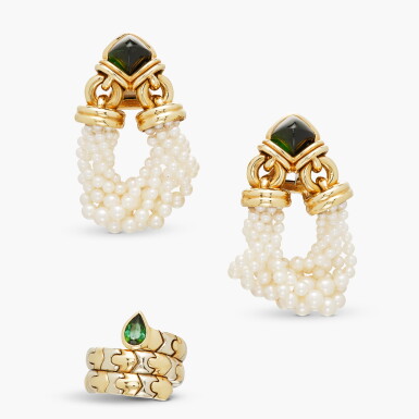 View full screen - View 1 of Lot 447. Pair of Gold, Cultured Pearl and Tourmaline Earclips and Two-Color Gold and Tourmaline Ring.