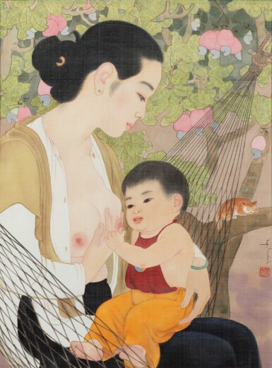 View full screen - View 1 of Lot 21. Nguyen Hoang Hoanh (b.1937), Mother and son on a hammock | Nguyen Hoang Hoanh (1937年生) 母親與子.