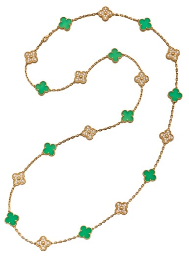 View full screen - View 1 of Lot 138. Van Cleef & Arpels | Gold, Chrysoprase and Diamond 'Vintage Alhambra' Necklace, France 梵克雅寶 黃金鑲綠玉髓及鑽石「Vintage Alhambra」項鏈,法國.