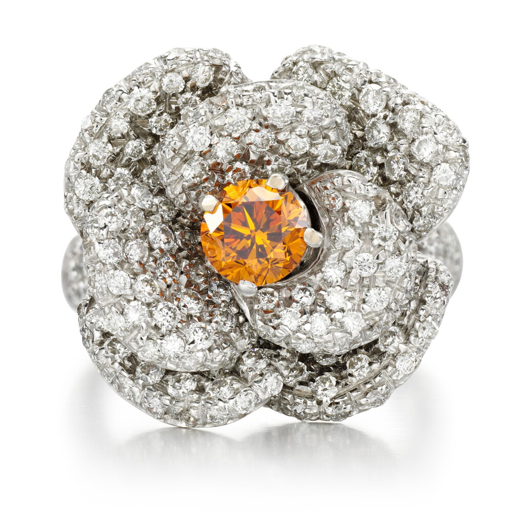 View full screen - View 1 of Lot 164. Fancy Deep Yellowish-Orange diamond and diamond ring.