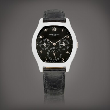 View full screen - View 1 of Lot 732. Reference 5041 | A white gold perpetual calendar wristwatch with day, date, moon phases, 24 hours and leap year indication, Made in 2003 | 百達翡麗 | 型號5041 | 白金萬年曆腕錶,備日期、星期、月相、24小時及閏年顯示,2003年製.