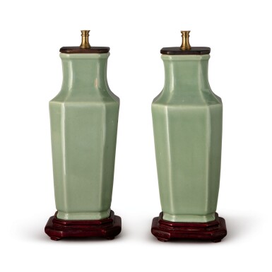 View full screen - View 1 of Lot 576. A PAIR OF CHINESE CELADON-GLAZED OCTAGONAL VASES, 19TH/20TH CENTURY.