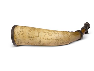 View full screen - View 1 of Lot 228. American Engraved and Pewter-Mounted Powder Horn, Dated 1815.