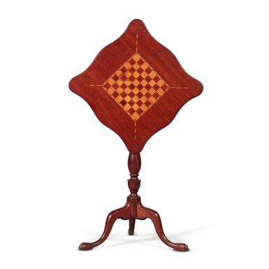 View full screen - View 1 of Lot 1598. Very Fine and Rare Federal Checker Board-Inlaid Mahogany Tilt-Top Candlestand, Probably Massachusetts, Circa 1800.