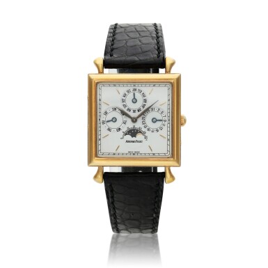 View full screen - View 1 of Lot 93. A yellow gold square shaped perpetual calendar wristwatch, Circa 1970.