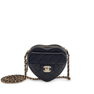 View full screen - View 1 of Lot 157. Black Quilted Lambskin Mini CC In Love Heart Bag Pale Gold Hardware, 2021.