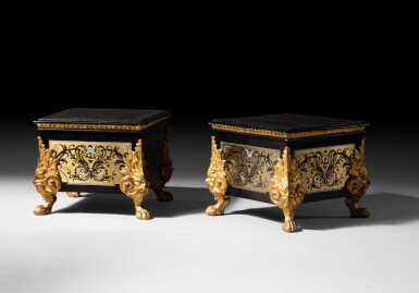 View full screen - View 1 of Lot 19. A pair of Louis XIV style gilt-bronze mounted brass, ebony and tortoiseshell bases | Paire de socles en placage d'ébène, marqueterie d'écaille brune, laiton et bronze doré de style Louis XIV.