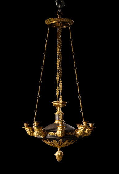 View full screen - View 1 of Lot 242. A patinated and gilt-bronze eight-light chandelier, Louis Philippe, circa 1840 Lustre vasque à huit lumières en bronze patiné et doré d'époque Louis Philippe, vers 1840.