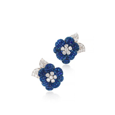 View full screen - View 1 of Lot 575. Pair of sapphire and diamond ear clips, 'Petits Pavots', circa 1969.