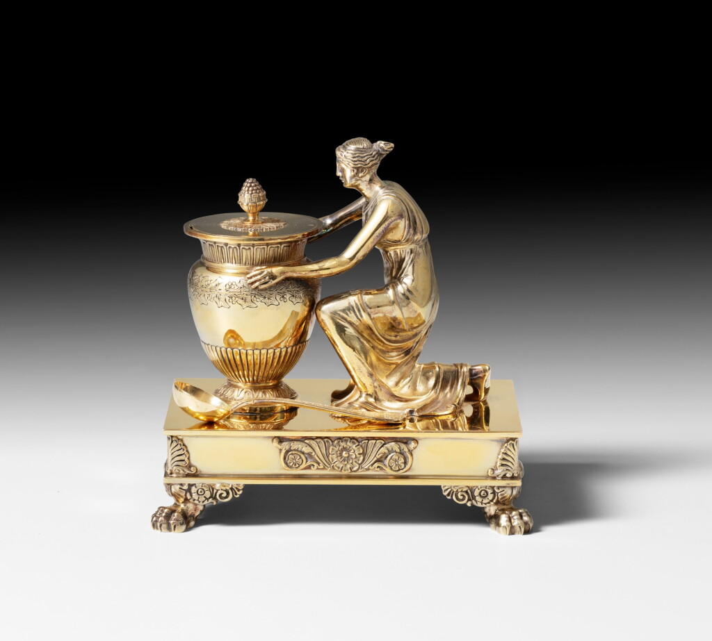 View full screen - View 1 of Lot 14. A French silver-gilt mustard-pot, Odiot, Paris, 20th century, of Branicki pattern | Moutardier en vermeil par Odiot, Paris, XXe siècle, sur le modèle Branicki.