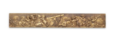 View full screen - View 1 of Lot 208. A Louis XVI style gilt-bronze relief frieze probably representing an allegory of science | Relief rectangulaire en bronze doré représentant une allégorie de la Science, de style Louis XVI.