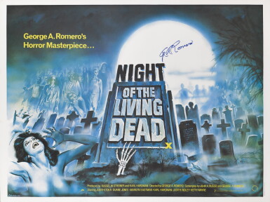 View full screen - View 1 of Lot 179. NIGHT OF THE LIVING DEAD (1968) RE-RELEASE POSTER, BRITISH, 1978, SIGNED BY GEORGE A. ROMERO.