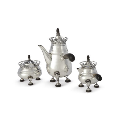 View full screen - View 1 of Lot 15. A THREE-PIECE DANISH SILVER COFFEE SET, NO. 193, GEORG JENSEN SILVERSMITHY, COPENHAGEN, CIRCA 1925-32.