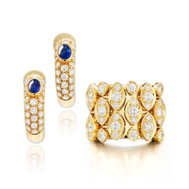 View full screen - View 1 of Lot 2798. ‘Mimi’ Sapphire and Diamond Ear Clips; and ‘Diadea’ Diamond Ring | 卡地亞 | ‘Mimi’ 藍寶石配鑽石耳夾一對,‘Diadea’ 鑽石戒指.