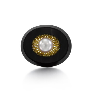 View full screen - View 1 of Lot 60. Natural pearl and onyx brooch.